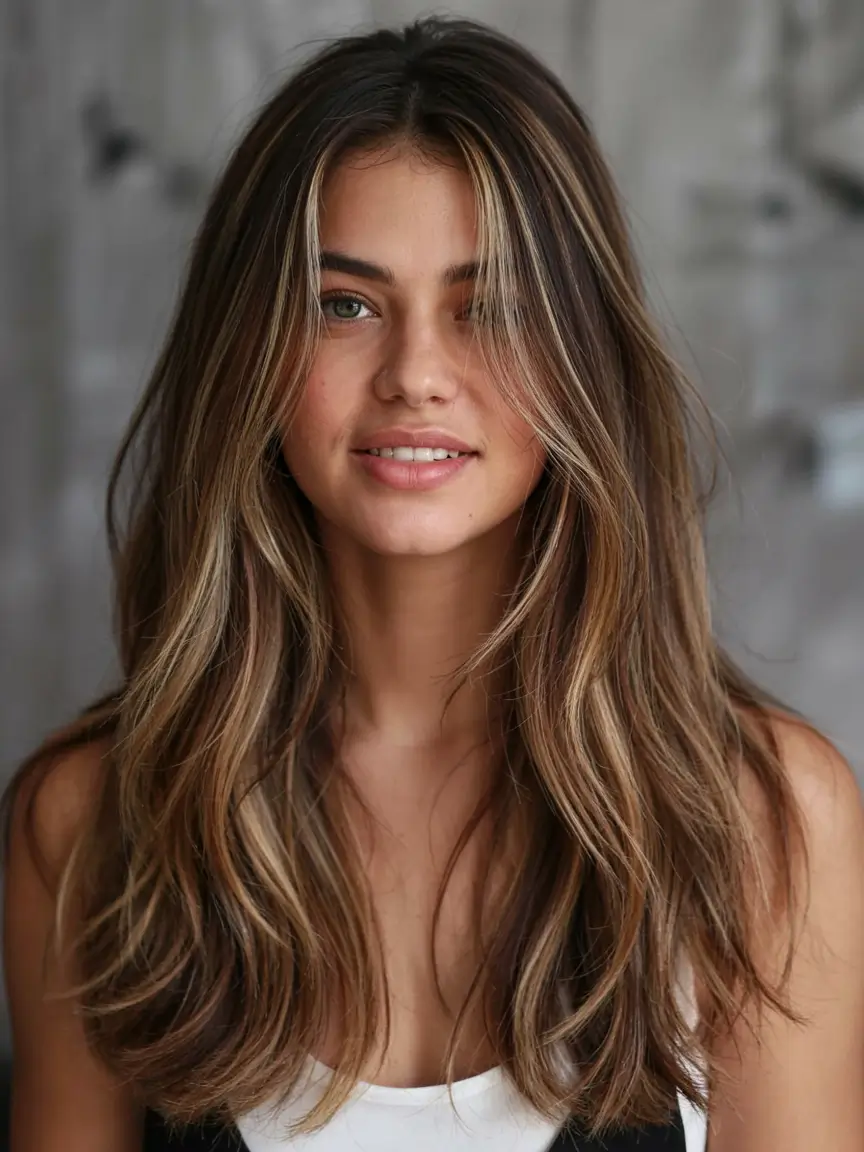 fall long haircut ideas 2025+Cinnamon Ribbon Highlights with Center-Swept Layers