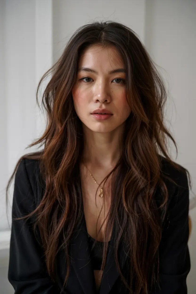 fall long haircut ideas 2025+Chestnut Cascades with Subtle Caramel Touches