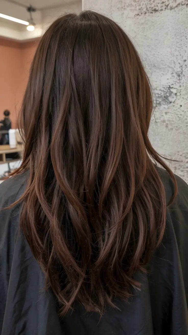 fall long haircut ideas 2025+Glossy Cocoa Layers for That Low-Key Glow