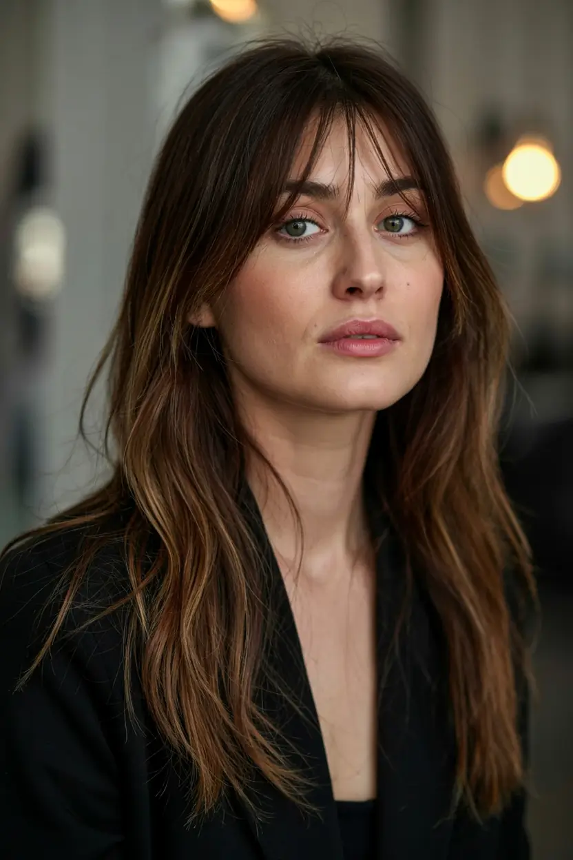 fall long haircut ideas 2025+Straight Layered Cut with Parisian Bangs