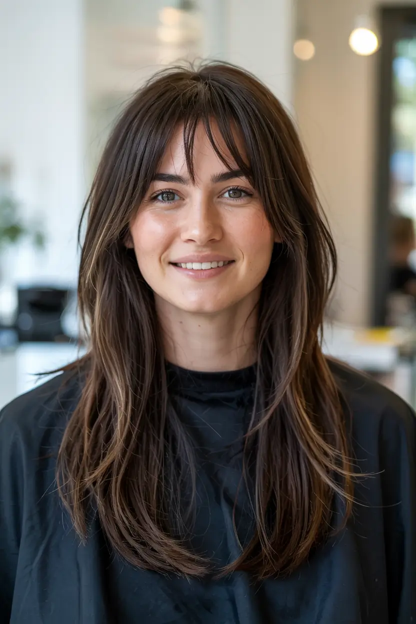 fall long haircut ideas 2025+Freshly Cut Layers with Baby Bardot Bangs
