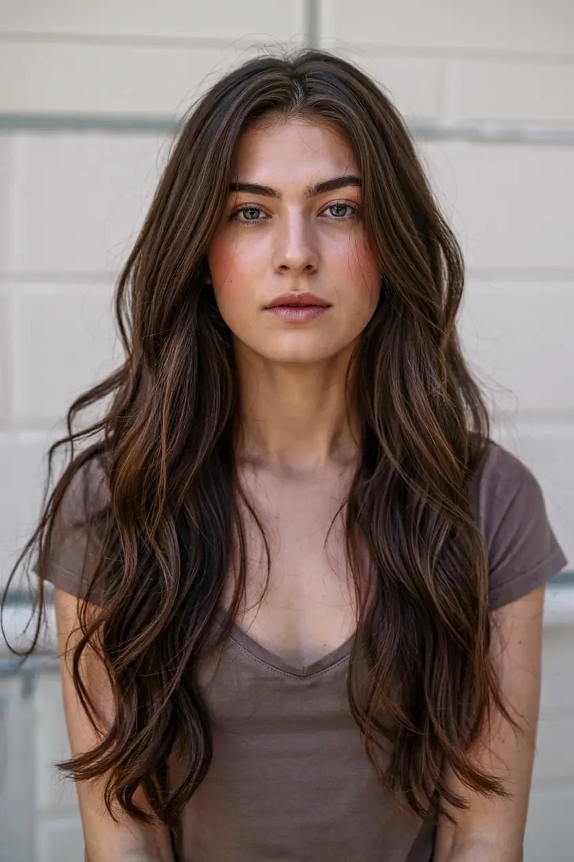 fall long haircut ideas 2025+Chestnut Veil Layers with Blowout Bounce