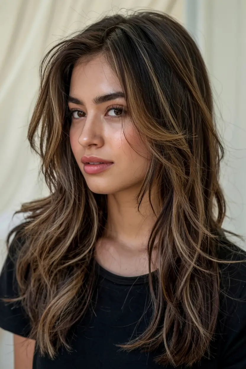 fall long haircut ideas 2025+Bronzed Brunette with High-Contrast Face Frame
