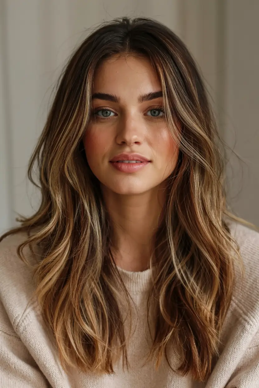 fall long haircut ideas 2025+Casual Luxe Waves with Warm Ribbon Highlights