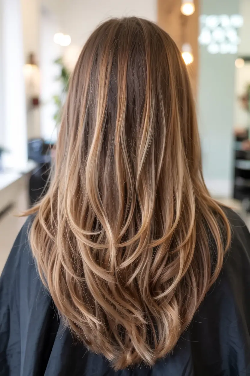 fall long haircut ideas 2025+Candlelit Brunette with Blended Caramel Veils