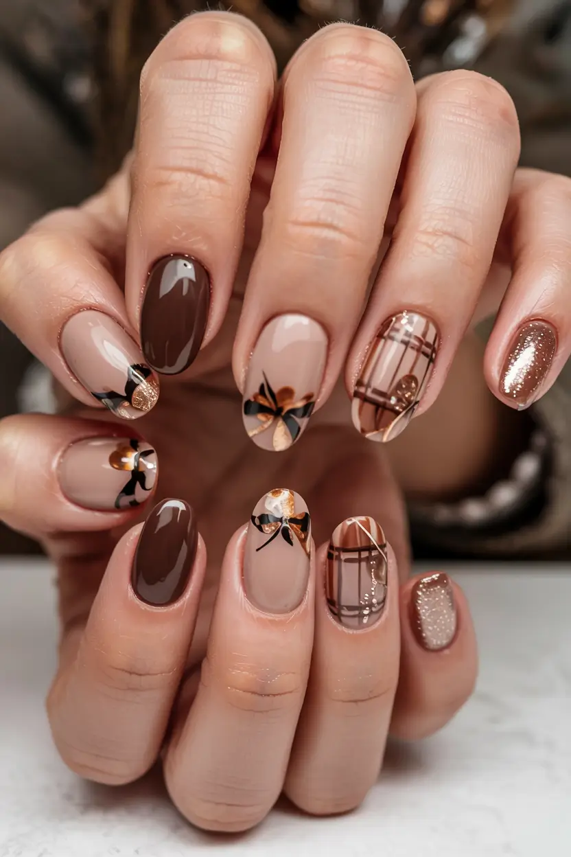 fall nails art ideas 2025 Chocolate Plaid and Metallics