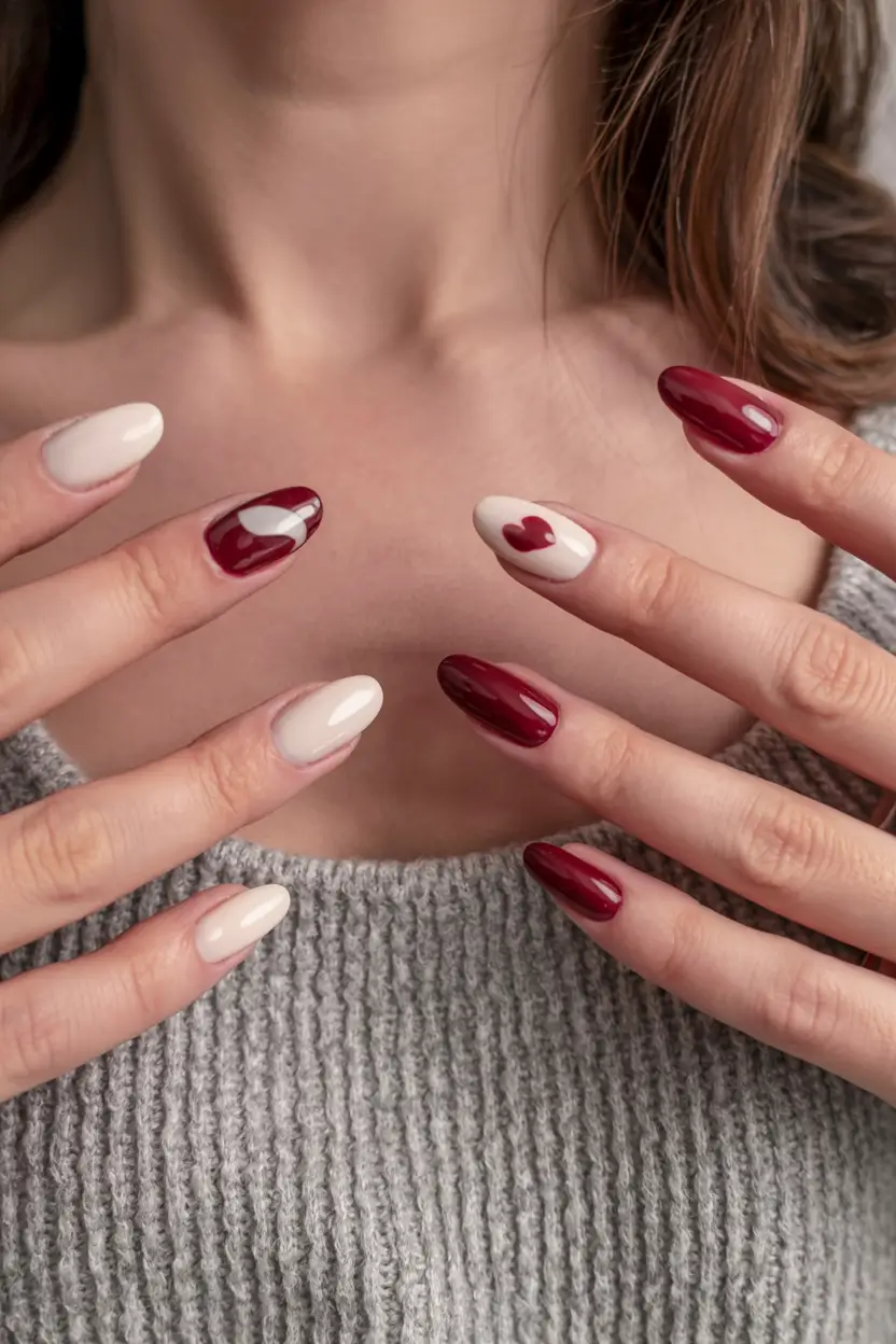 fall nails art ideas 2025 Burgundy Hearts