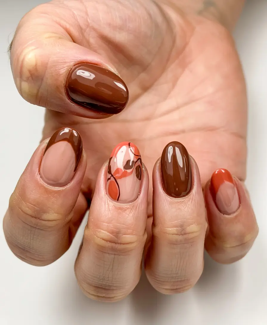 fall nails art ideas 2025 Rust and Chocolate Abstract