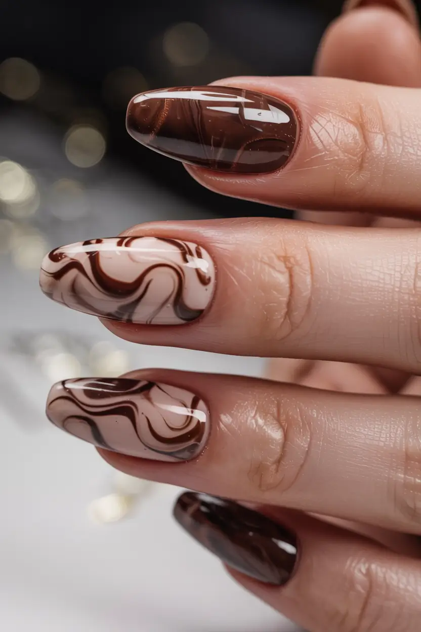 fall nails art ideas 2025 Marbled Cocoa Swirls