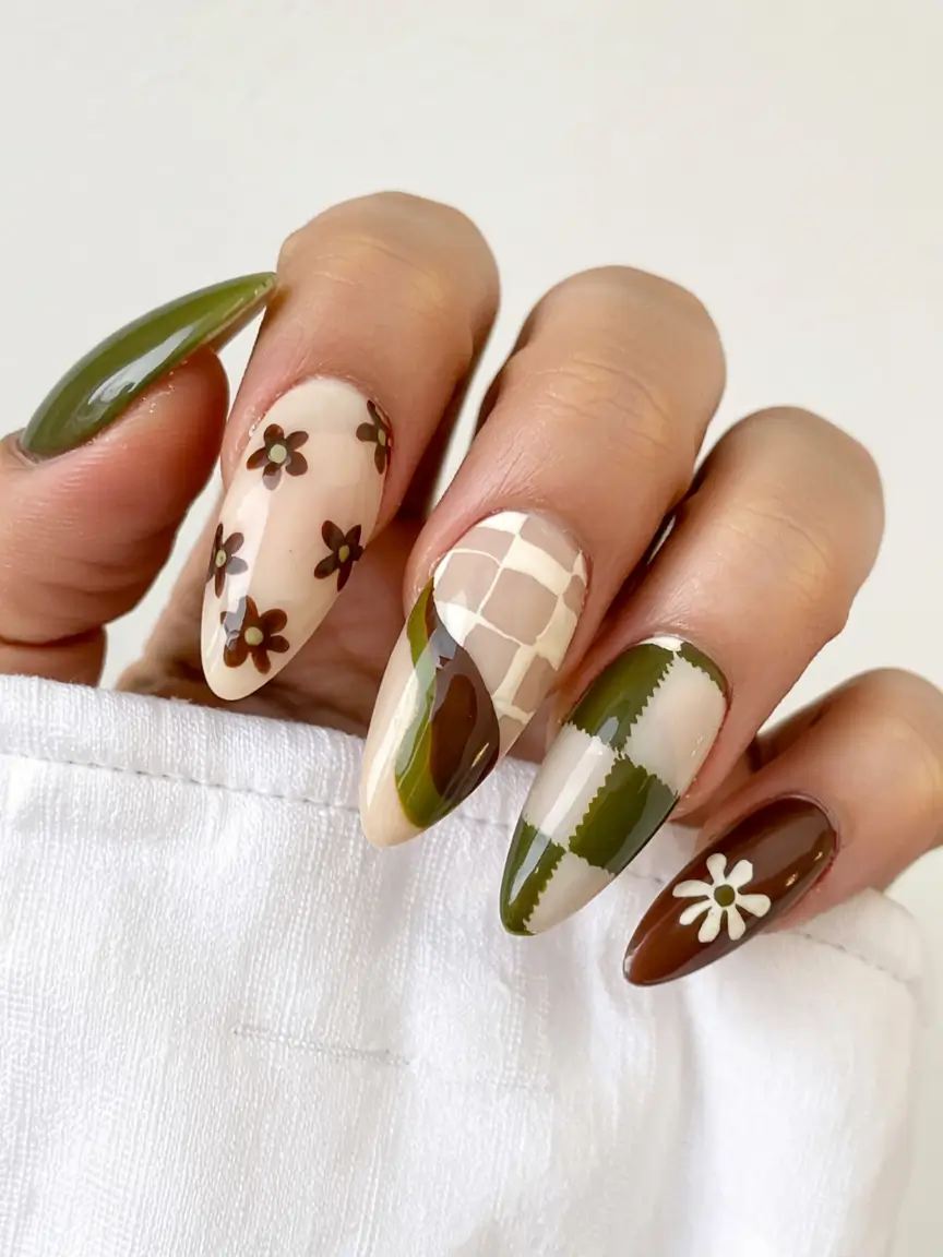 fall nails art ideas 2025 Earthy Plaids and Daisies