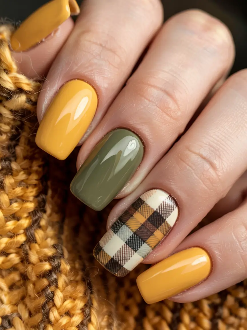 fall nails art ideas 2025 Mustard and Olive Plaid