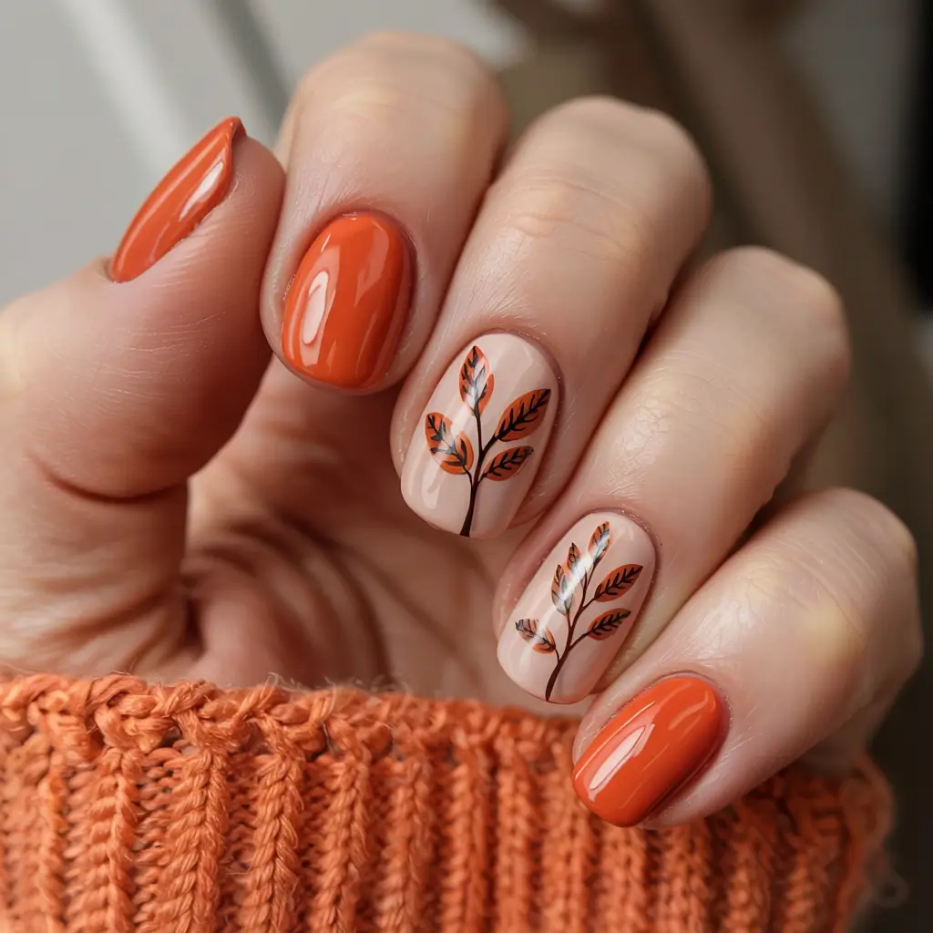 fall nails art ideas 2025 Rusty Leaf Stems