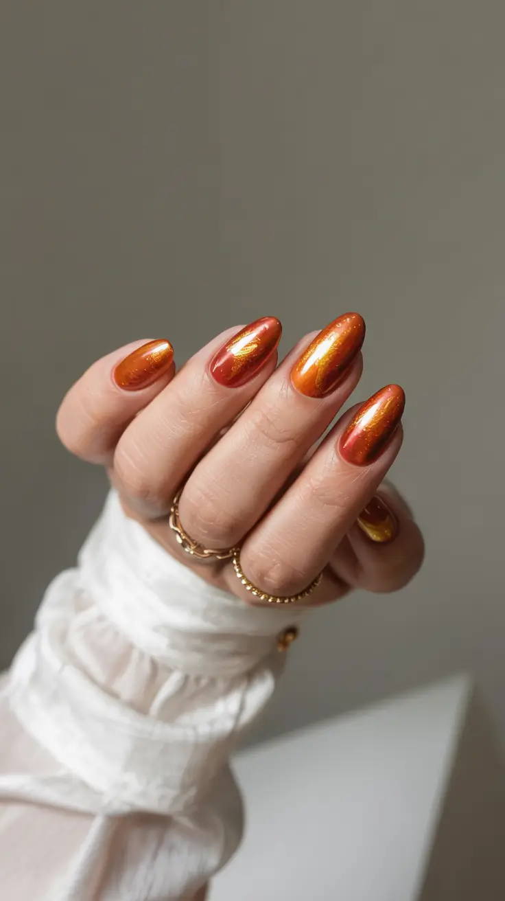 fall nails art ideas 2025 Metallic Copper Glow