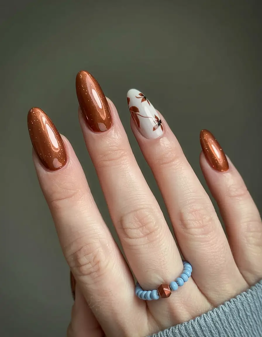 fall nails art ideas 2025 Copper and Neutral Accent