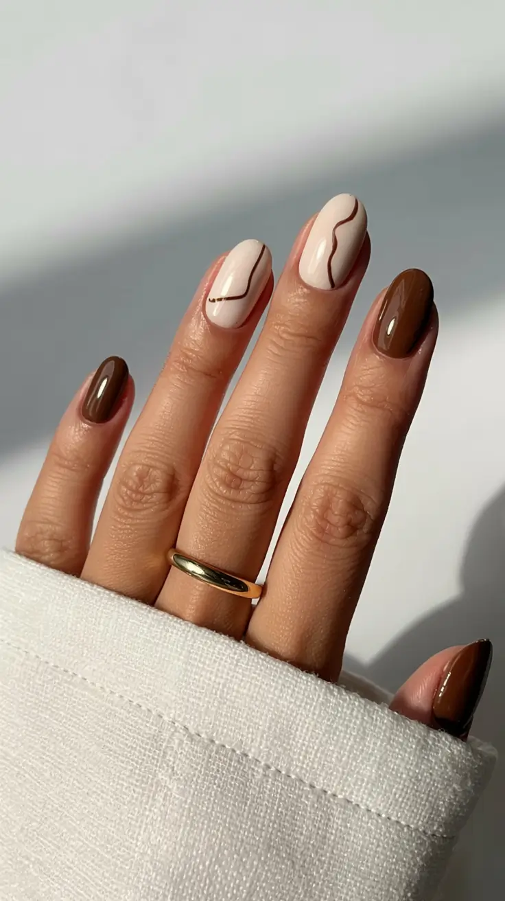 fall nails art ideas 2025 Minimal Chocolate Waves