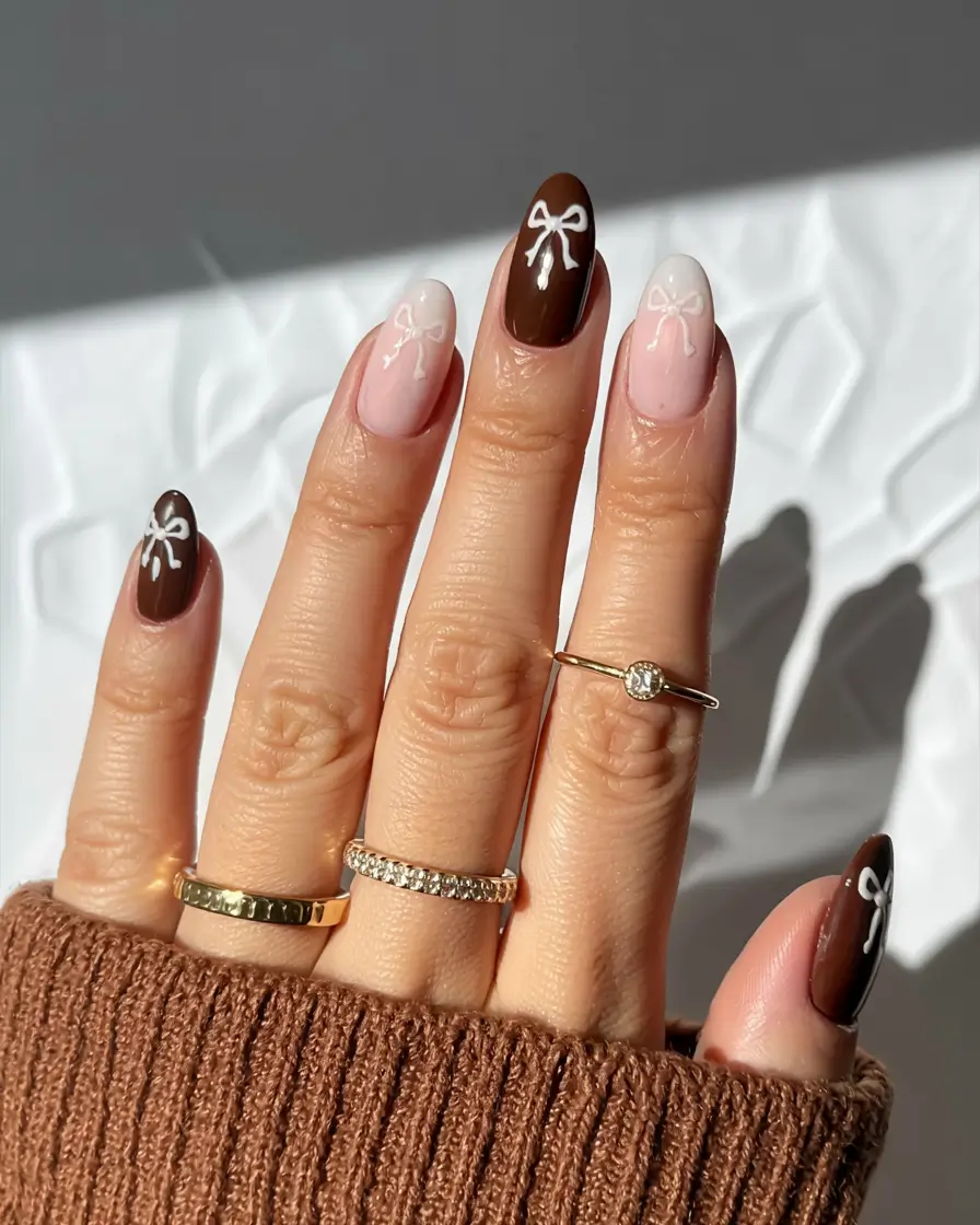 fall nails art ideas 2025 Chocolate and Ribbon Accents
