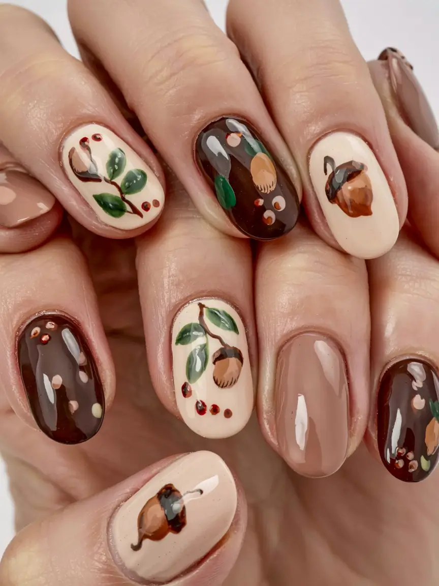 fall nails art ideas 2025 Acorns and Forest Berries