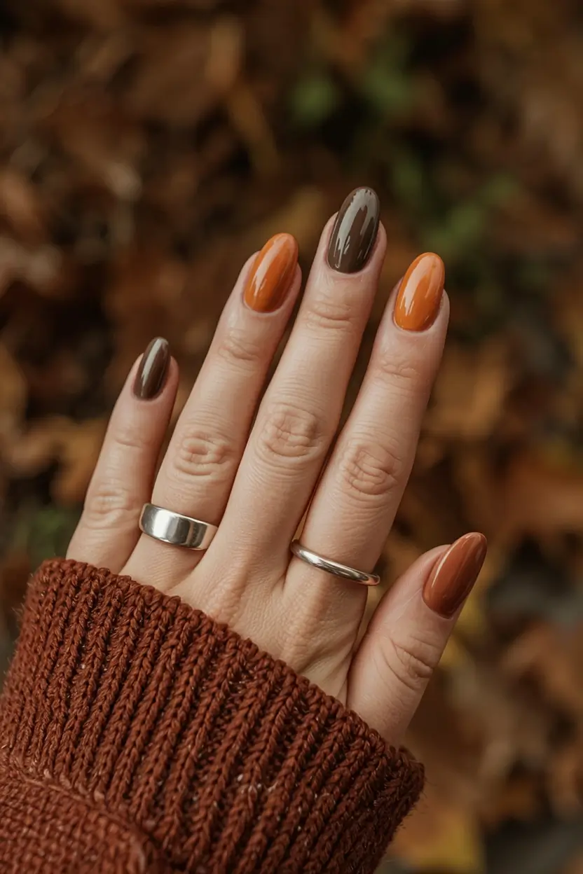 fall nails art ideas 2025 Burnt Orange and Cocoa Mix