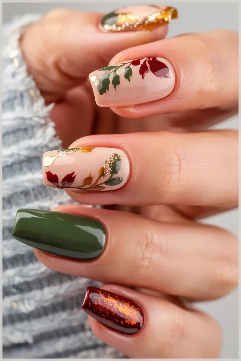 fall nails art ideas 2025 Deep Green and Gold Accents