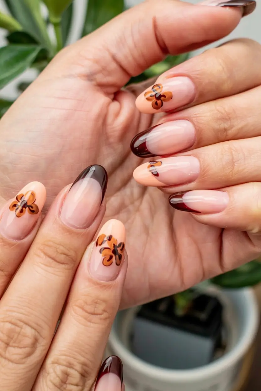 fall nails art ideas 2025 Chocolate French and Florals