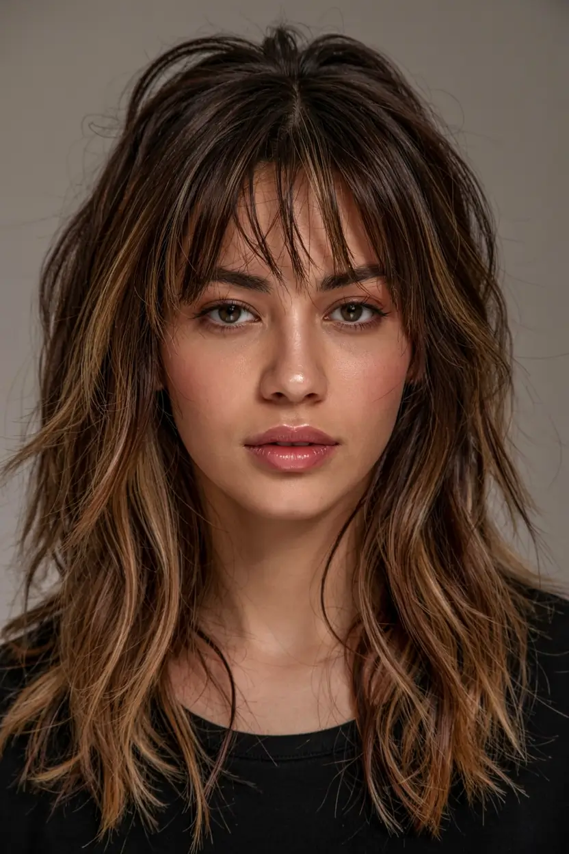 fall shag haircut ideas 2025 Layered Espresso with Soft Curtain Bangs
