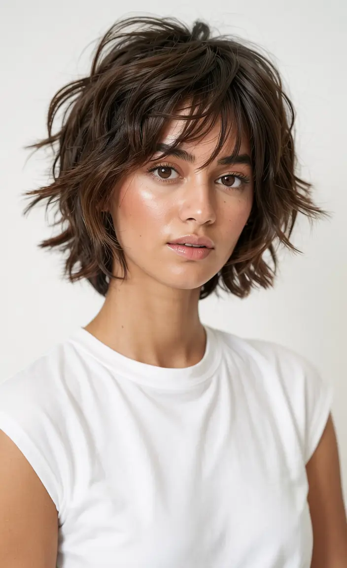 fall shag haircut ideas 2025 Short & Shaggy with French Girl Bangs