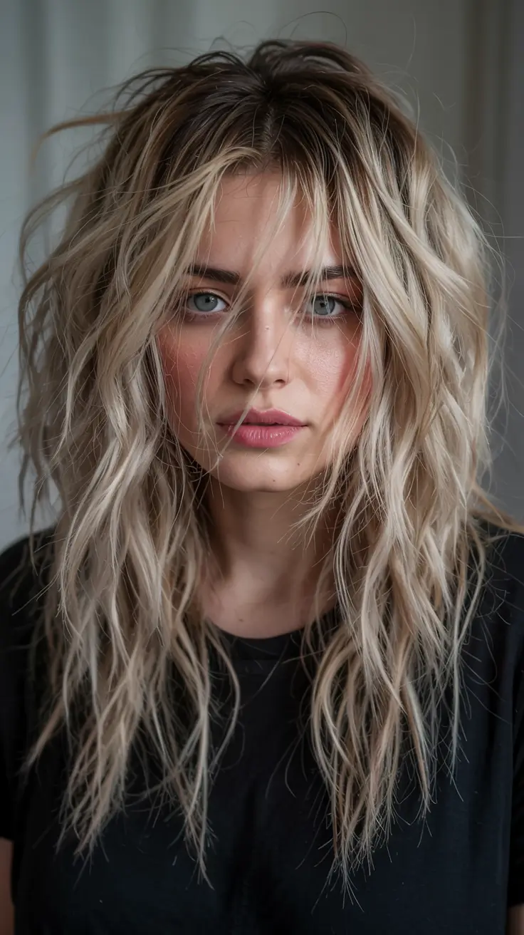 fall shag haircut ideas 2025 Beachy Platinum with Disheveled Bangs
