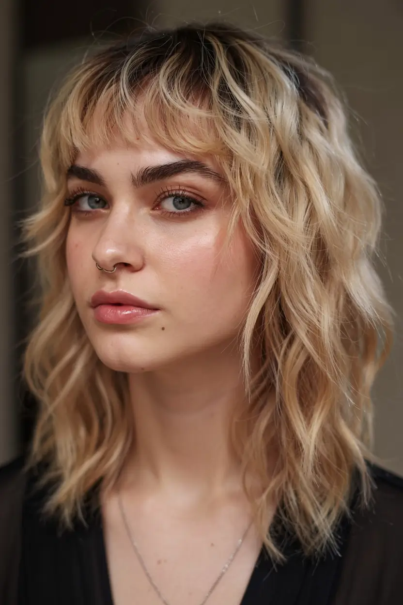 fall shag haircut ideas 2025 Wavy Blonde with Baby Bangs