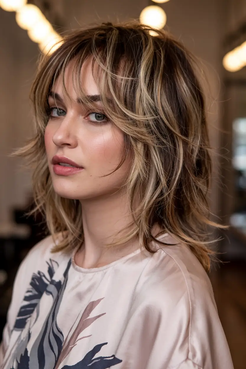 fall shag haircut ideas 2025 Rooty Blonde with Flicked-Out Layers