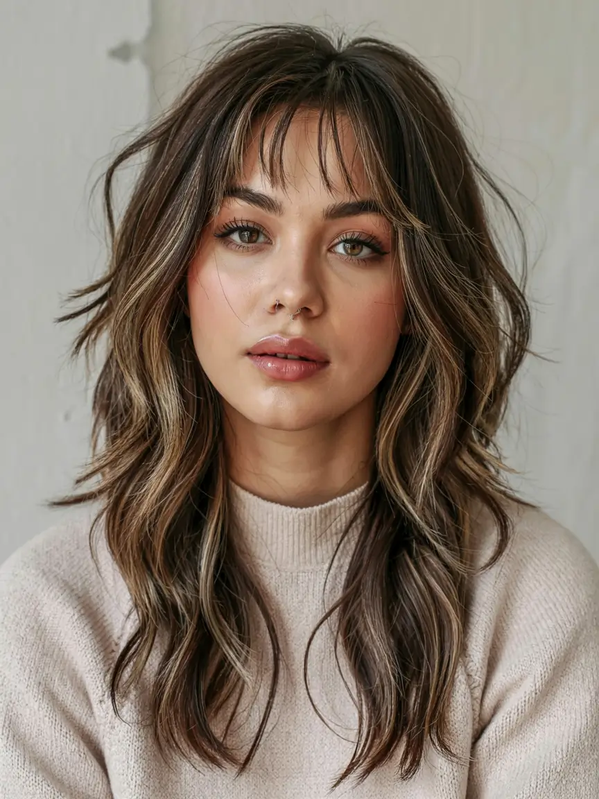 fall shag haircut ideas 2025 Chocolate Waves with Soft Face Layers