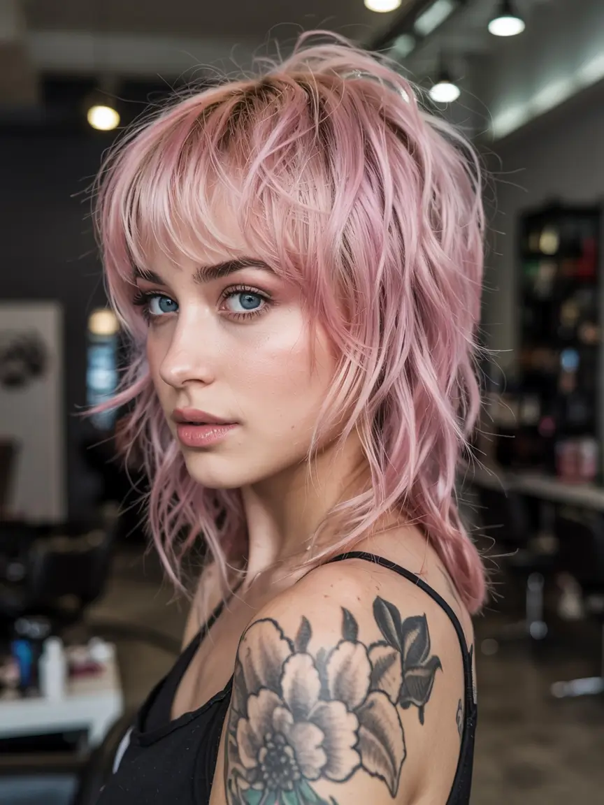 fall shag haircut ideas 2025 Pastel Pink Rock Shag