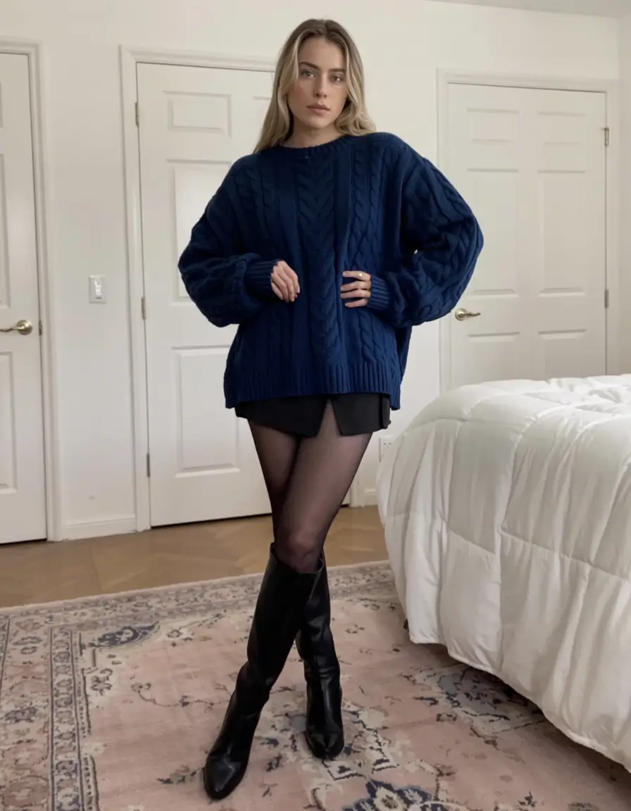 fall sweater outfits ideas 2025 Navy Knit Drama with Sleek Boots