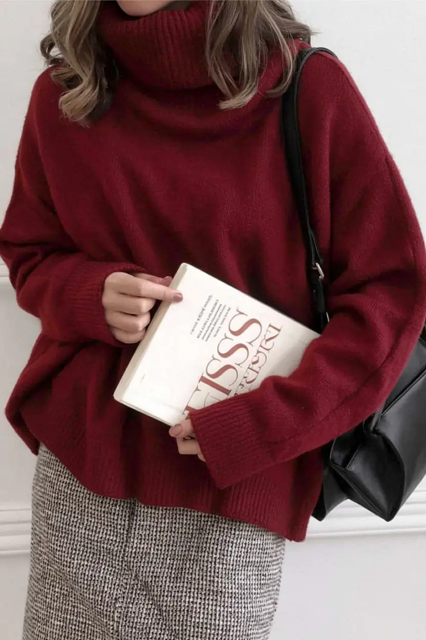fall sweater outfits ideas 2025 Crimson Turtleneck with Tweed Texture