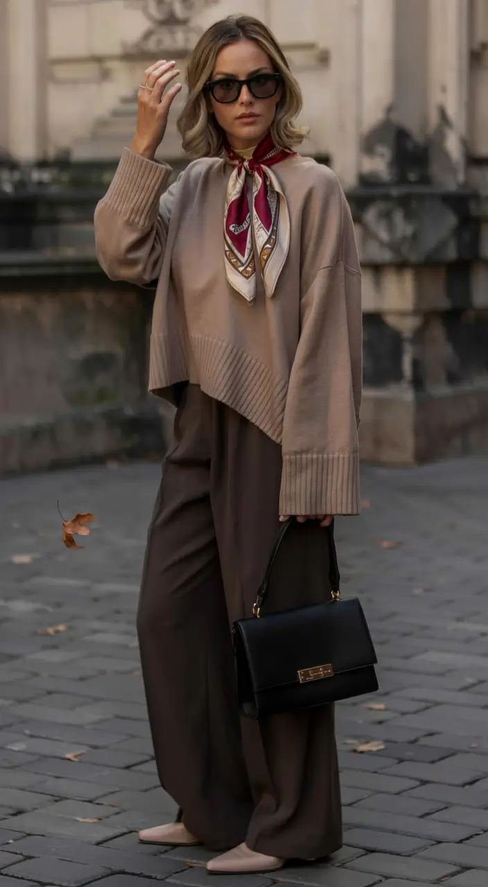 fall sweater outfits ideas 2025 Scarf-Accented Neutrals with Wide-Leg Trousers