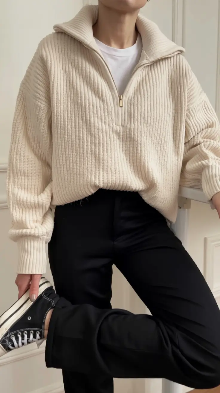 fall sweater outfits ideas 2025 Half-Zip Minimalism with Black Accents
