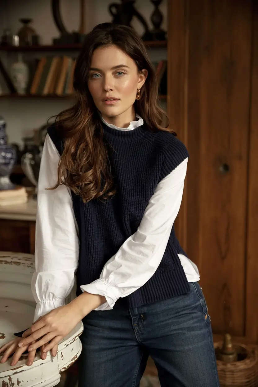 fall sweater outfits ideas 2025 Navy Sweater Vest and White Blouse Layers