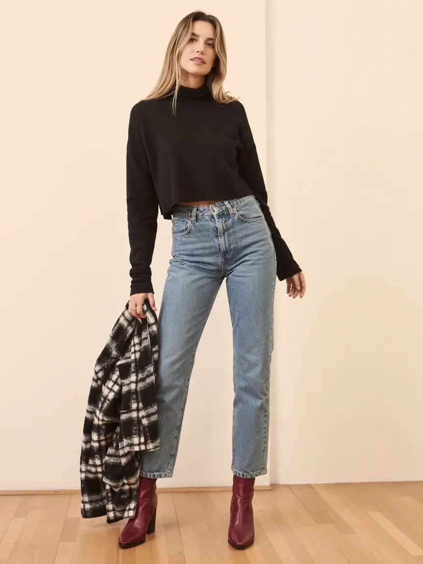 fall sweater outfits ideas 2025 Black Cropped Knit and Burgundy Boots