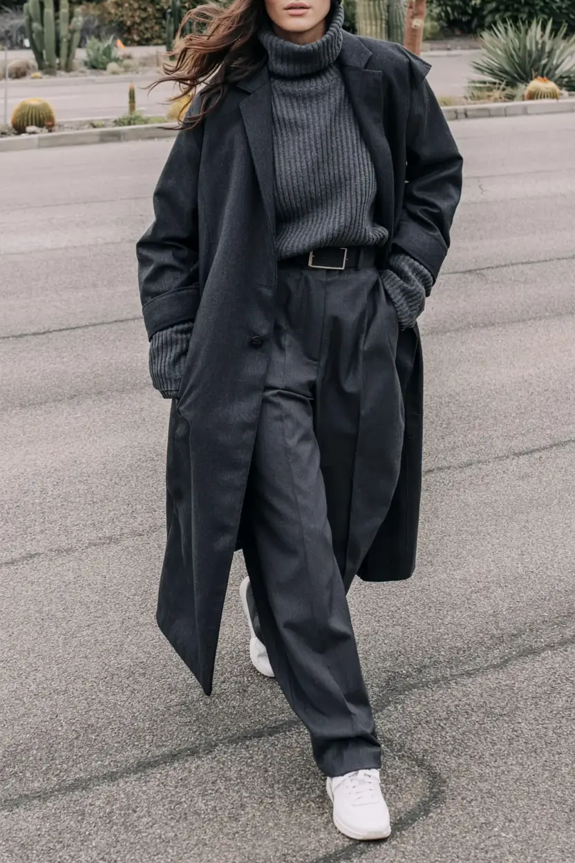 fall sweater outfits ideas 2025 Monochrome Charcoal Layers