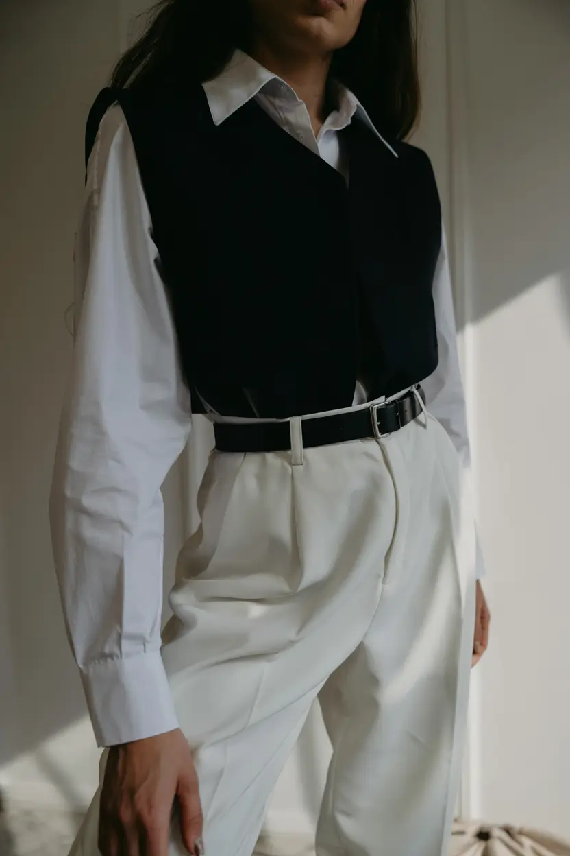 fall sweater outfits ideas 2025 Structured Vest and Crisp White Layers