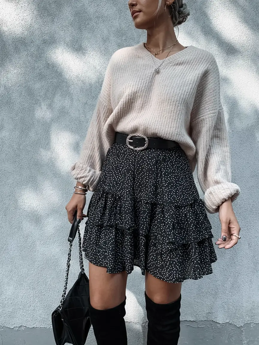 fall sweater outfits ideas 2025 Romantic Knits and Tiered Florals