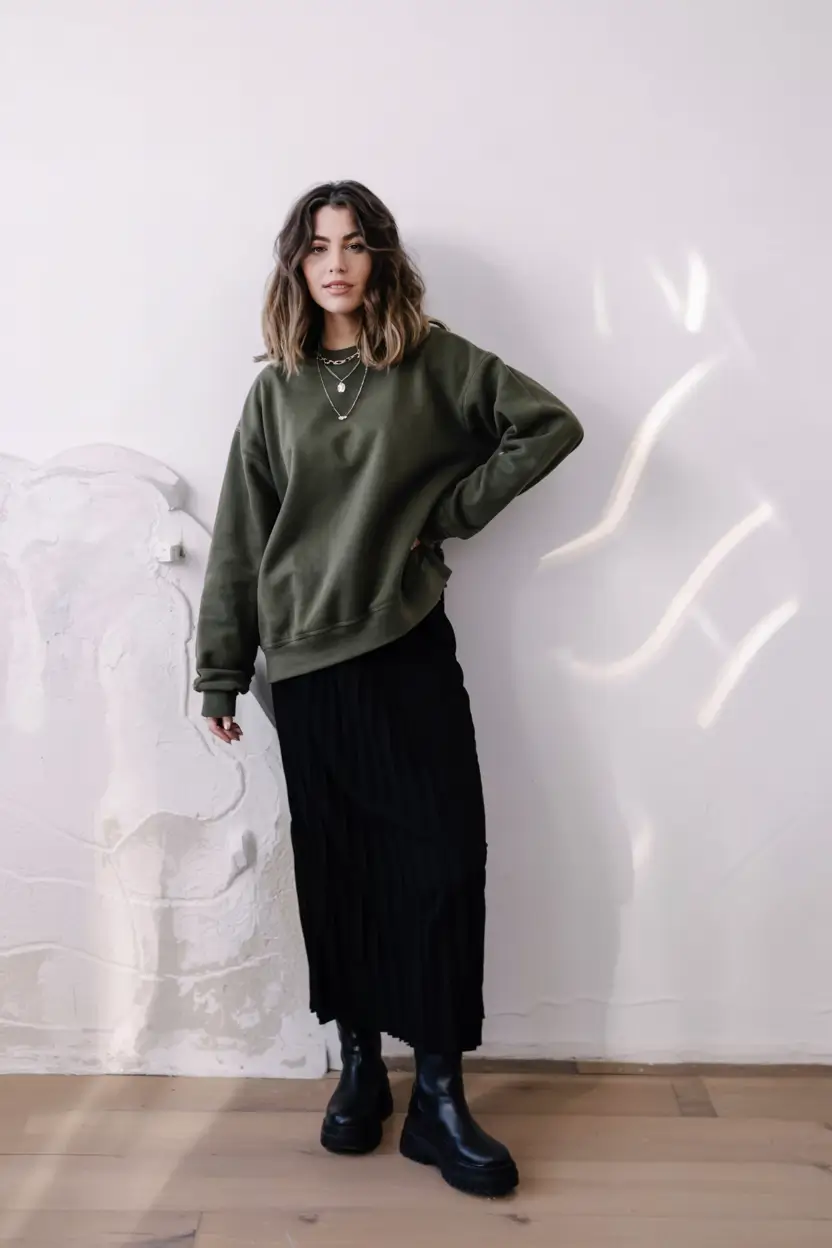 fall sweater outfits ideas 2025 Minimalist Olive and Black Layers