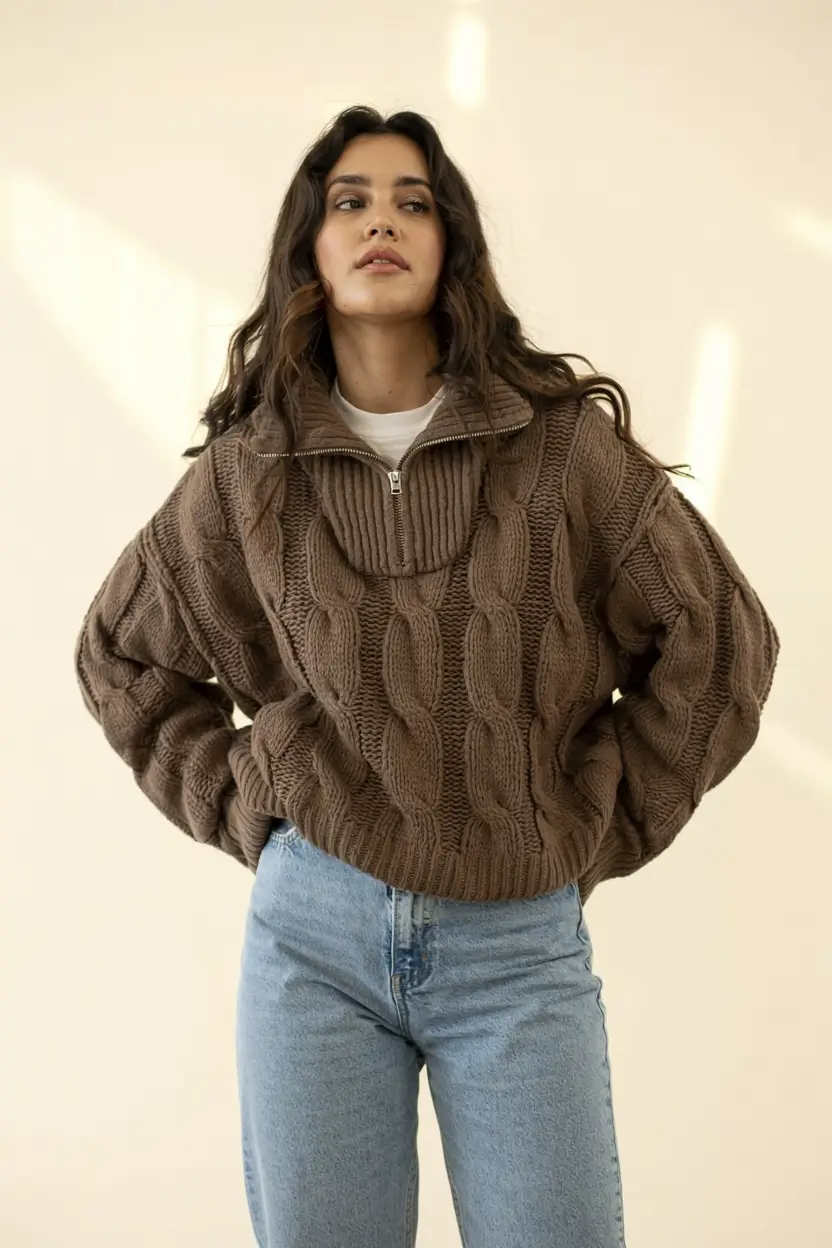fall sweater outfits ideas 2025 Chunky Chocolate Knit with Denim Ease