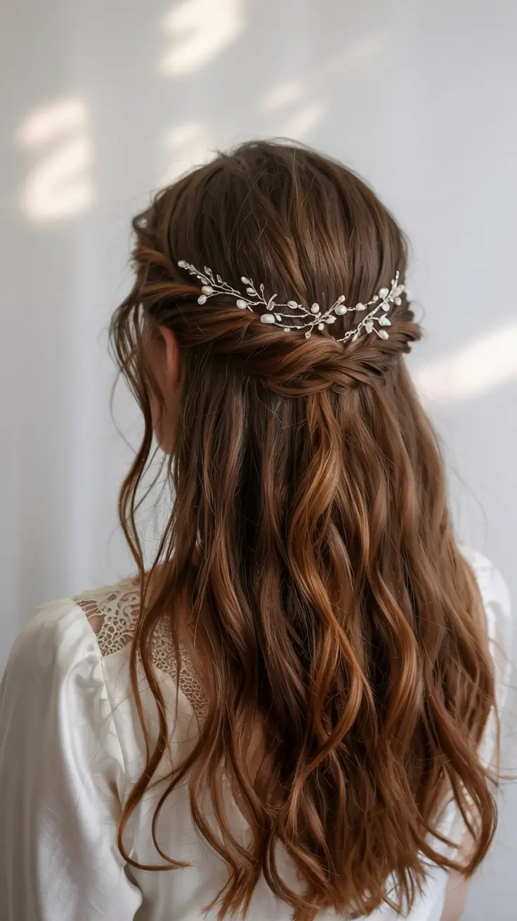 fall wedding hairstyles ideas 2025 Soft Twisted Half-Up With Pearl Details