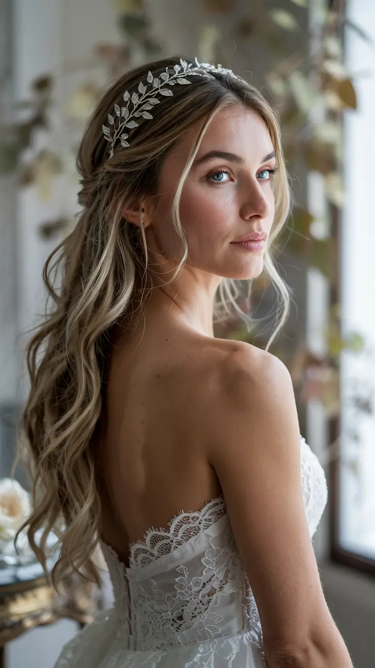 fall wedding hairstyles ideas 2025 Romantic Waves With Crystal Headpiece