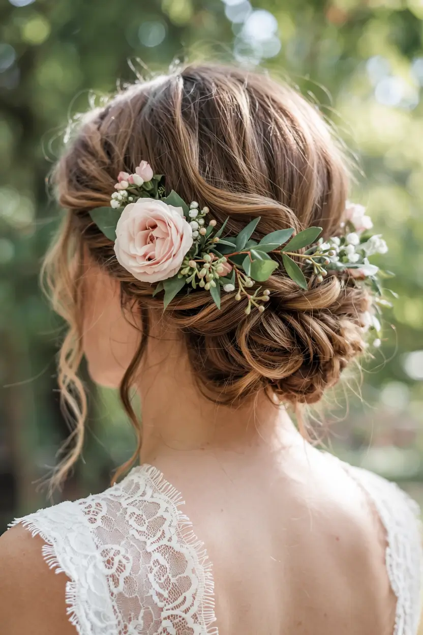 fall wedding hairstyles ideas 2025 Floral Low Bun With Rustic Charm