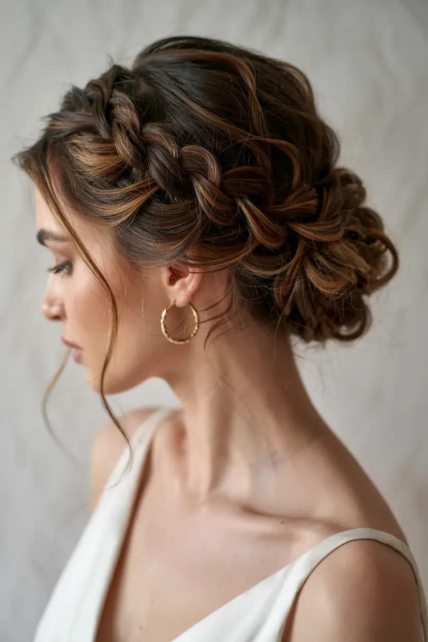 fall wedding hairstyles ideas 2025 Boho Braided Crown Updo