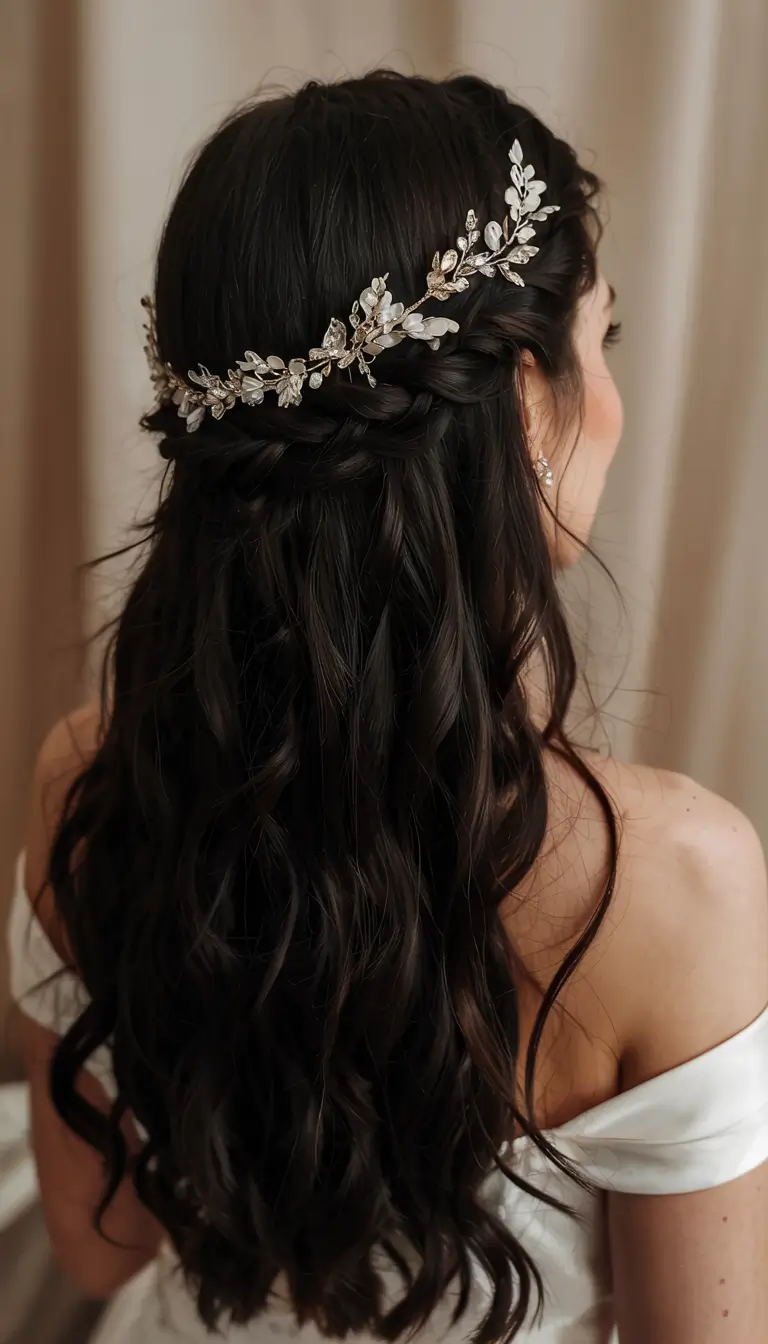 fall wedding hairstyles ideas 2025 Classic Half-Up Waves With Jewel Accents