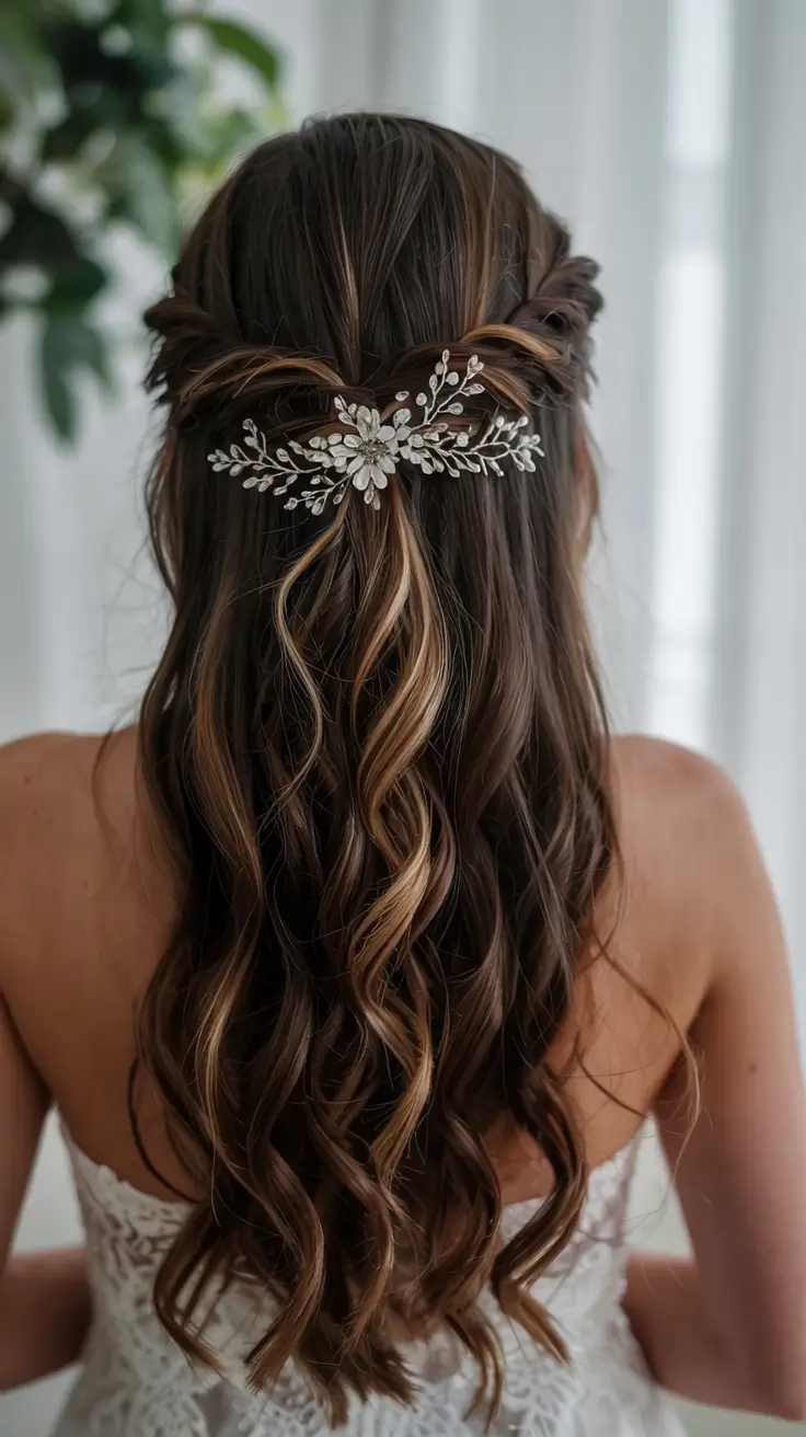 fall wedding hairstyles ideas 2025 Twisted Half-Up With Crystal Floral Clip