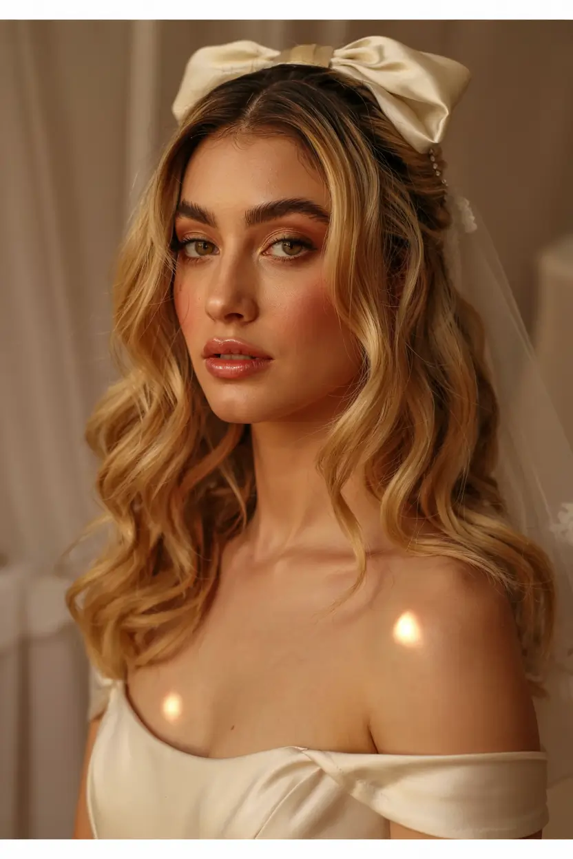 fall wedding hairstyles ideas 2025 Loose Waves With Statement Bow