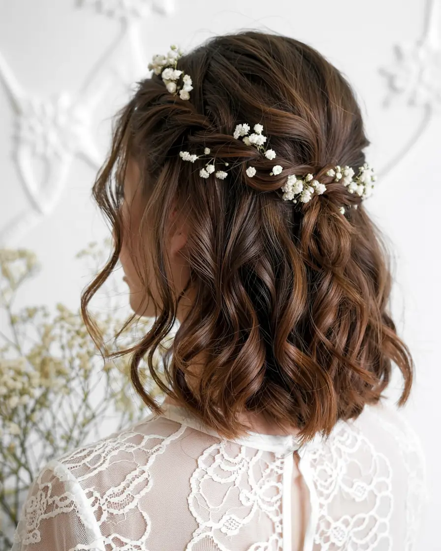 fall wedding hairstyles ideas 2025 Short Romantic Waves With Baby’s Breath